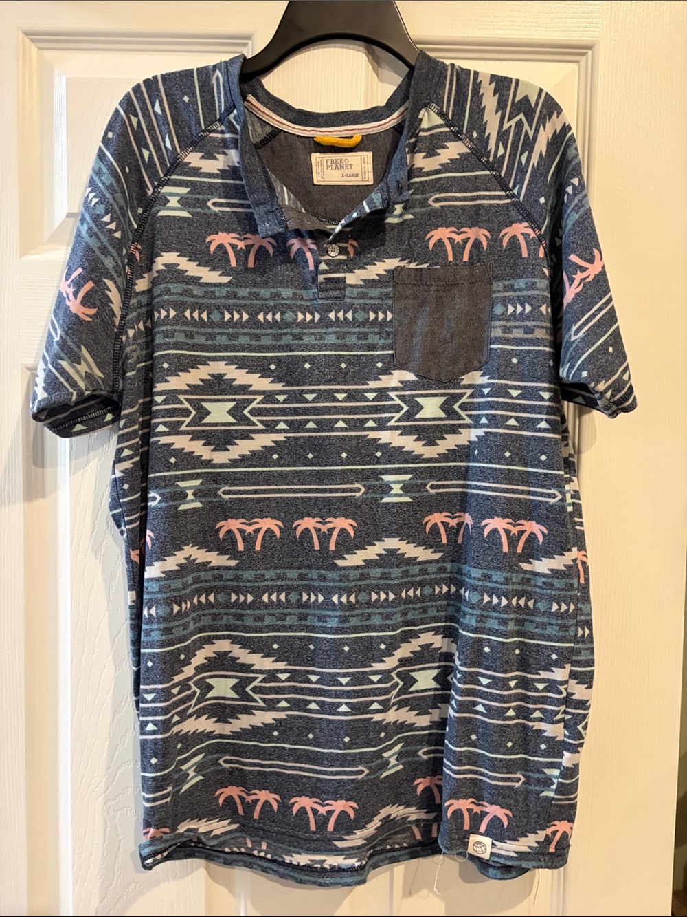 Free Planet Navy Aztec Palm Short Sleeve Henley with Pink Accents